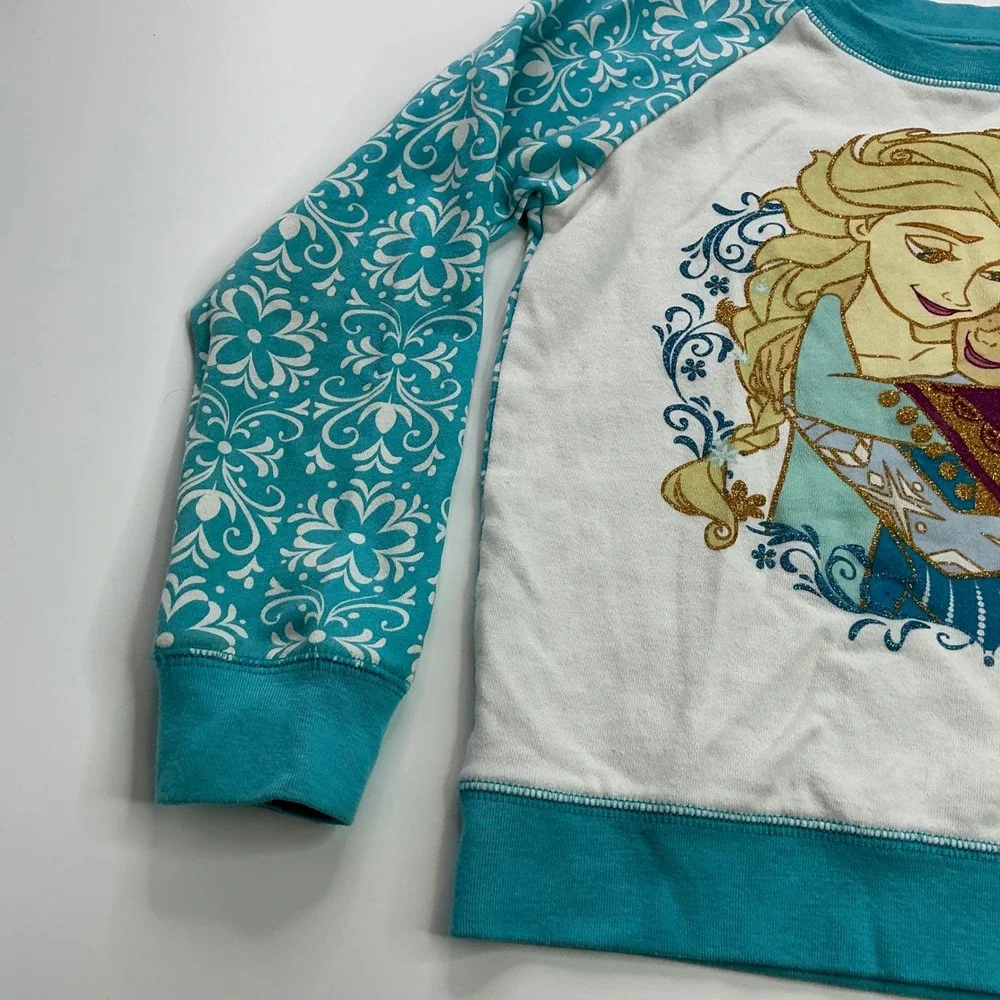 Disney Frozen Teal White Sweatshirt Kids XL/6X Elsa Anna Glitter Raglan Sleeves